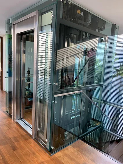 Glasaufzug mit Edelstahlrahmen im Wohnbereich eines Hauses