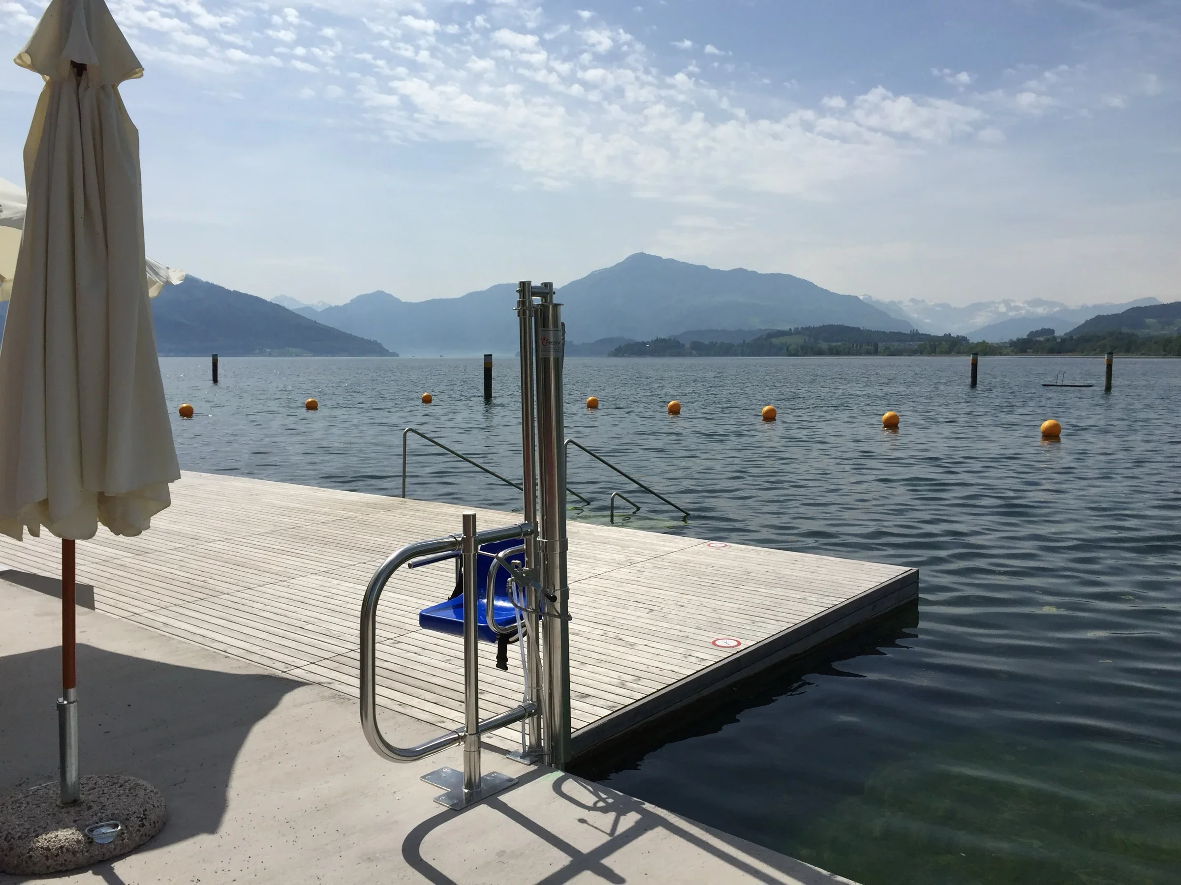 Poollift Delphin auf einem Badesteg am See mit Bergkulisse