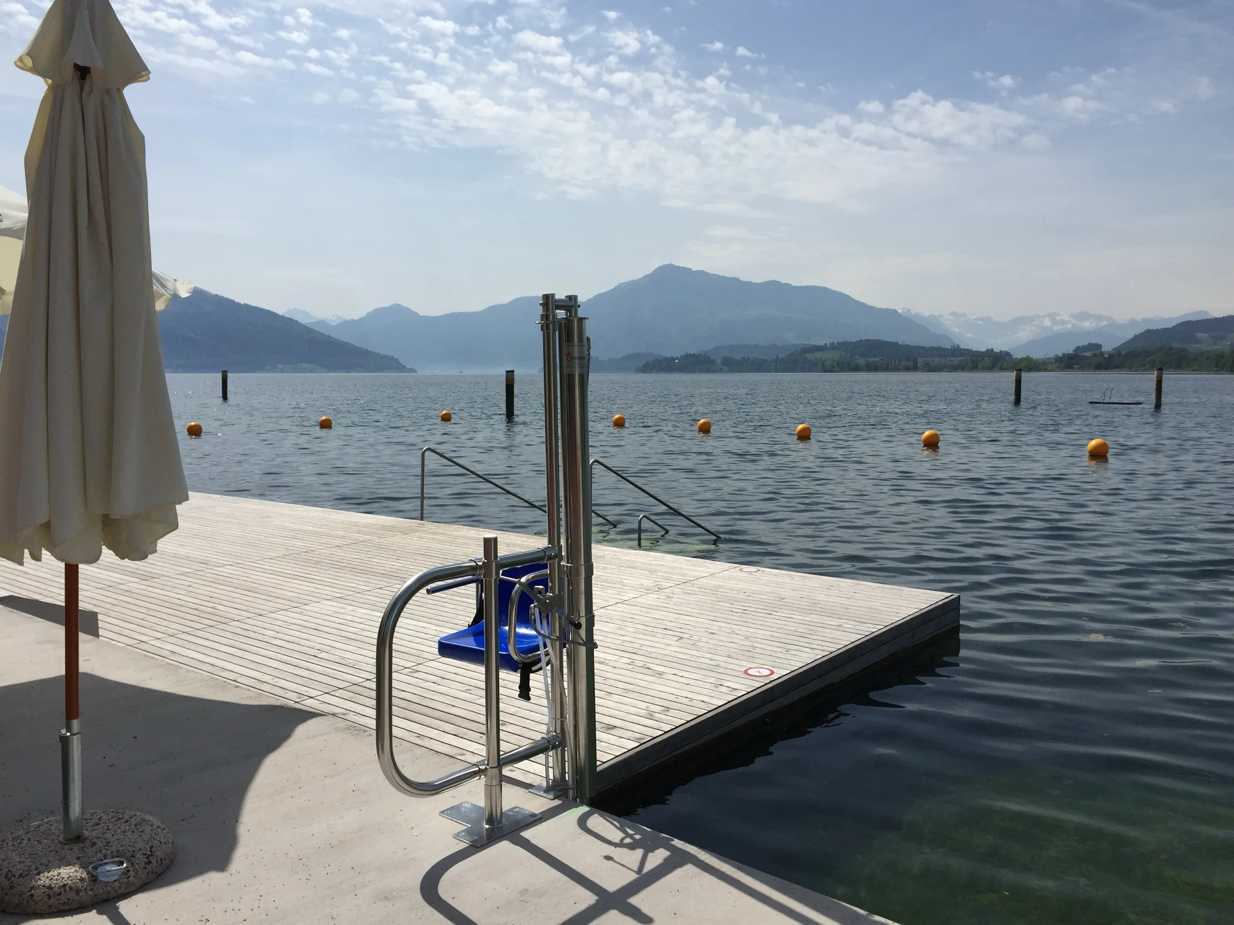 Poollift Delphin auf einem Badesteg am See mit Bergkulisse